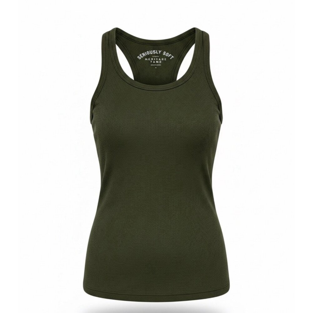 Women's Olive Green Ribbed Knit Sleeveless Tank Top Round Neck Aero